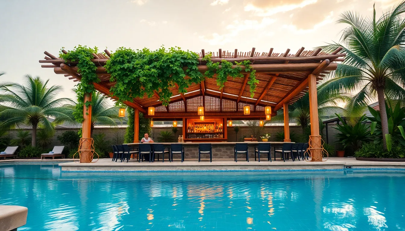 25 Pool Tiki Bar Ideas to Transform Your Backyard Into a Tropical Paradise 8 25 Pool Tiki Bar Ideas to Transform Your Backyard Into a Tropical Paradise 7