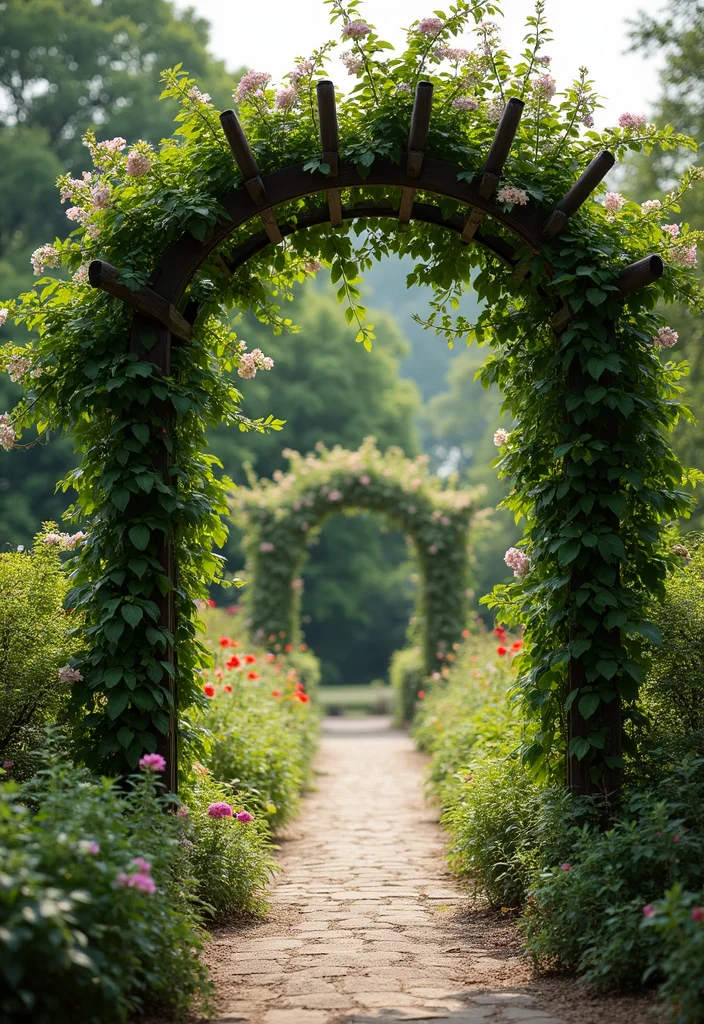 10 Backyard Garden Fence Ideas for Structure and Security - 7. Arbor and Trellis Combo