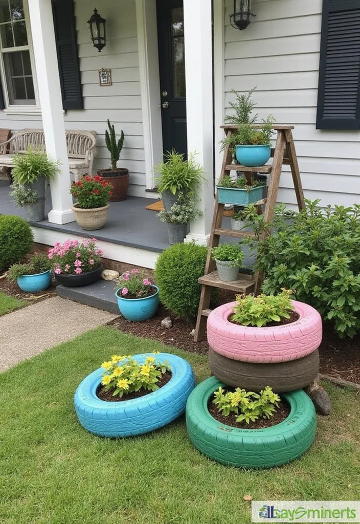 10 Small Front Lawn Landscape Ideas Perfect for Tight Budgets - 5. Upcycled Garden Decor