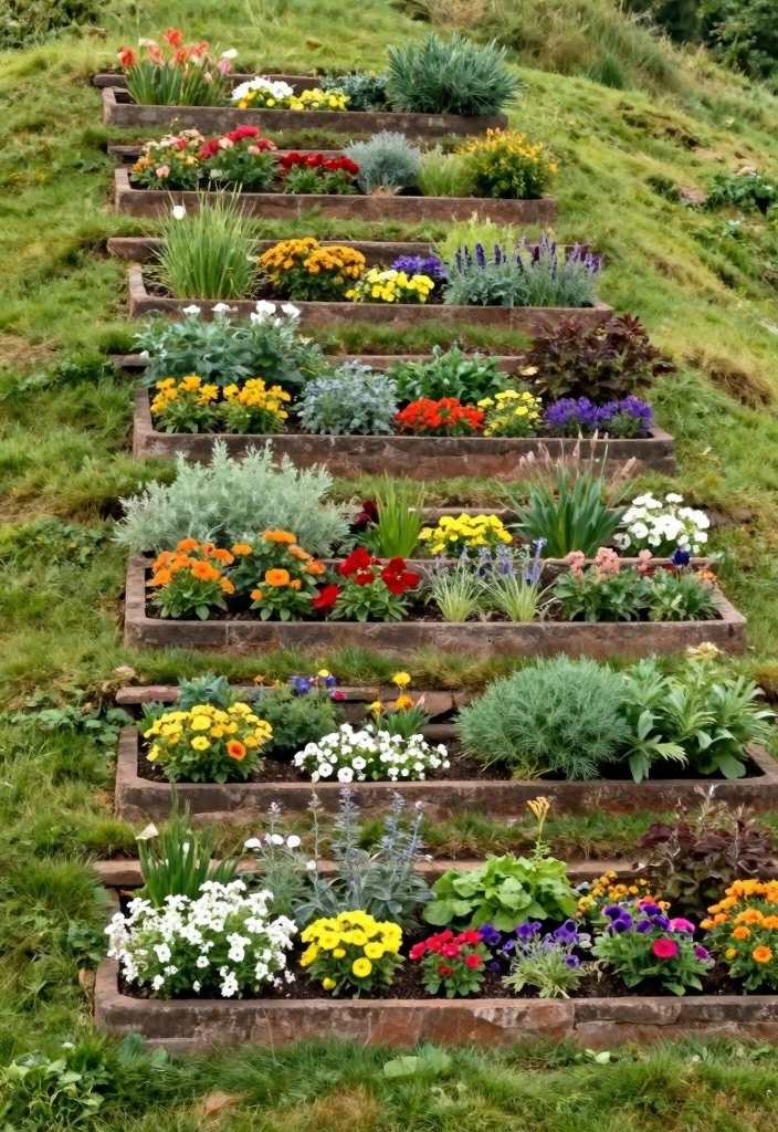 10 Smart Slope Landscape Ideas for an Easy and Attractive Yard - 1. Terraced Garden Beds