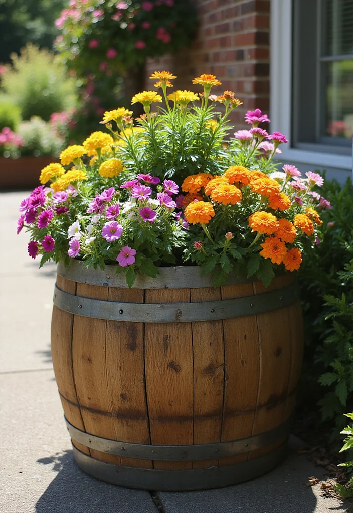 10 Whiskey Barrel Planter Ideas for Rustic Outdoor Charm 1 10 Whiskey Barrel Planter Ideas for Rustic Outdoor Charm - 1. Vibrant Flower Showcase