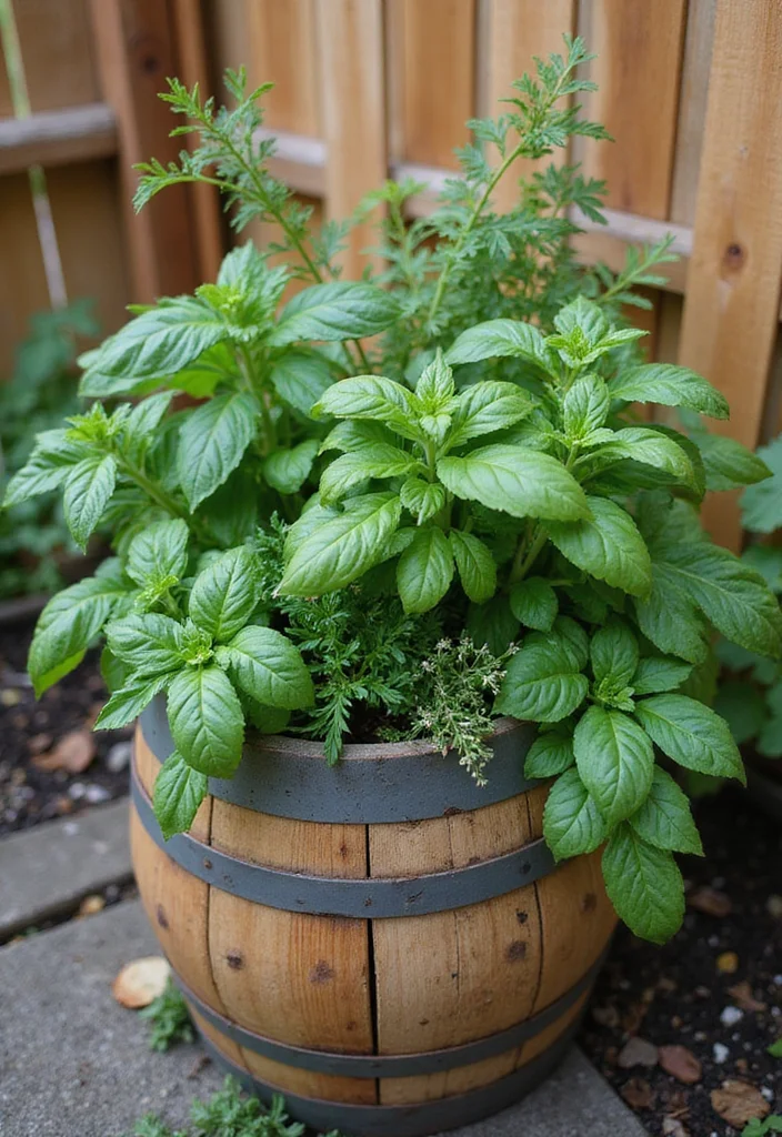 10 Whiskey Barrel Planter Ideas for Rustic Outdoor Charm 12 10 Whiskey Barrel Planter Ideas for Rustic Outdoor Charm - 2. Rustic Herb Garden