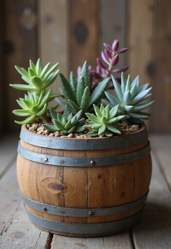 10 Whiskey Barrel Planter Ideas for Rustic Outdoor Charm 23 10 Whiskey Barrel Planter Ideas for Rustic Outdoor Charm - 3. Unique Succulent Display