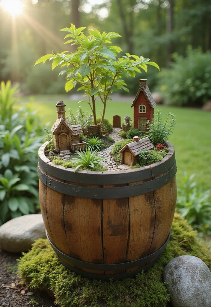 10 Whiskey Barrel Planter Ideas for Rustic Outdoor Charm 45 10 Whiskey Barrel Planter Ideas for Rustic Outdoor Charm - 5. Miniature Fairy Garden