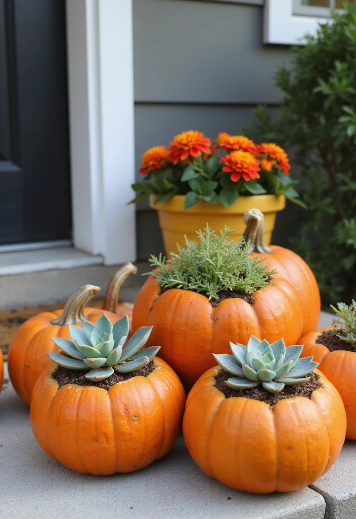 12 Fall Planter Ideas With Simple Seasonal Color - 3. Whimsical Pumpkin Planters