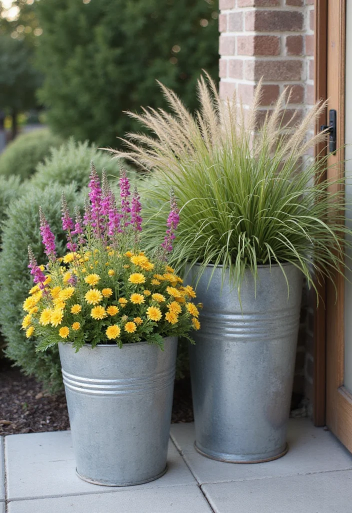 12 Fall Planter Ideas With Simple Seasonal Color - 4. Chic Metal Containers