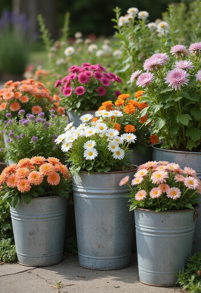 12 Flower Garden Bed Ideas That Beginners Can Design Easily 1 12 Flower Garden Bed Ideas That Beginners Can Design Easily - 1. Container Garden in Vintage Buckets