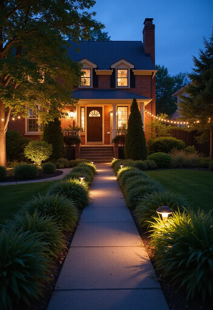 12 Front House Landscape Ideas That Boost Curb Appeal Fast - 11. Outdoor Lighting for Safety and Style