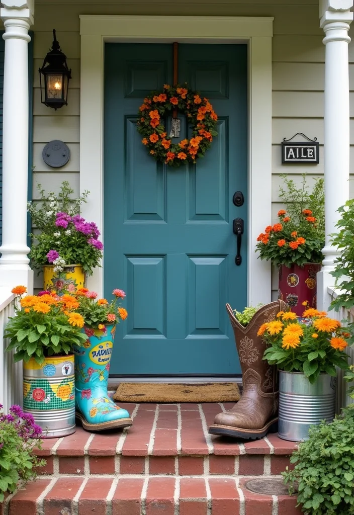 12 Front Porch Planter Ideas That Brighten Your Entryway - 9. Quirky Upcycled Planters