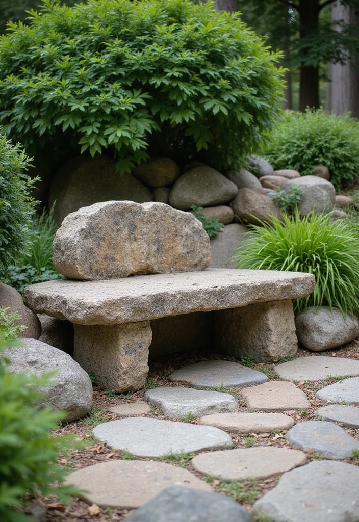 12 Front Yard Rock Landscaping Ideas With Simple Upkeep 67 12 Front Yard Rock Landscaping Ideas With Simple Upkeep - 7. Rustic Stone Benches