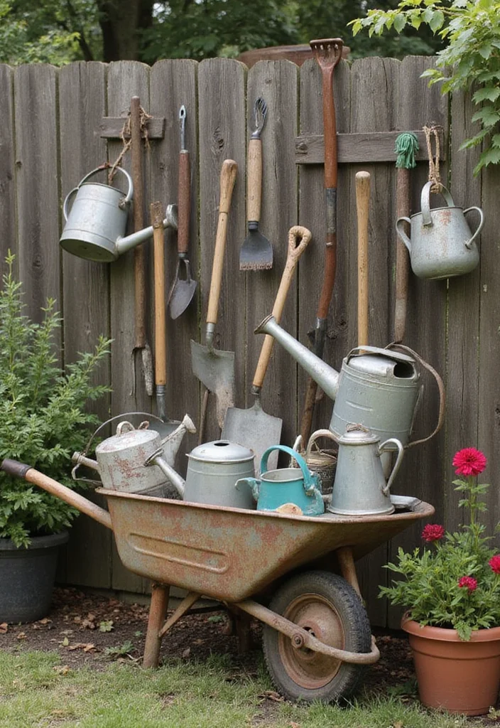12 Landscaping Ideas Farmhouse Style for a Warm Welcoming Look 122 12 Landscaping Ideas Farmhouse Style for a Warm Welcoming Look - 12. Vintage Garden Tools Display