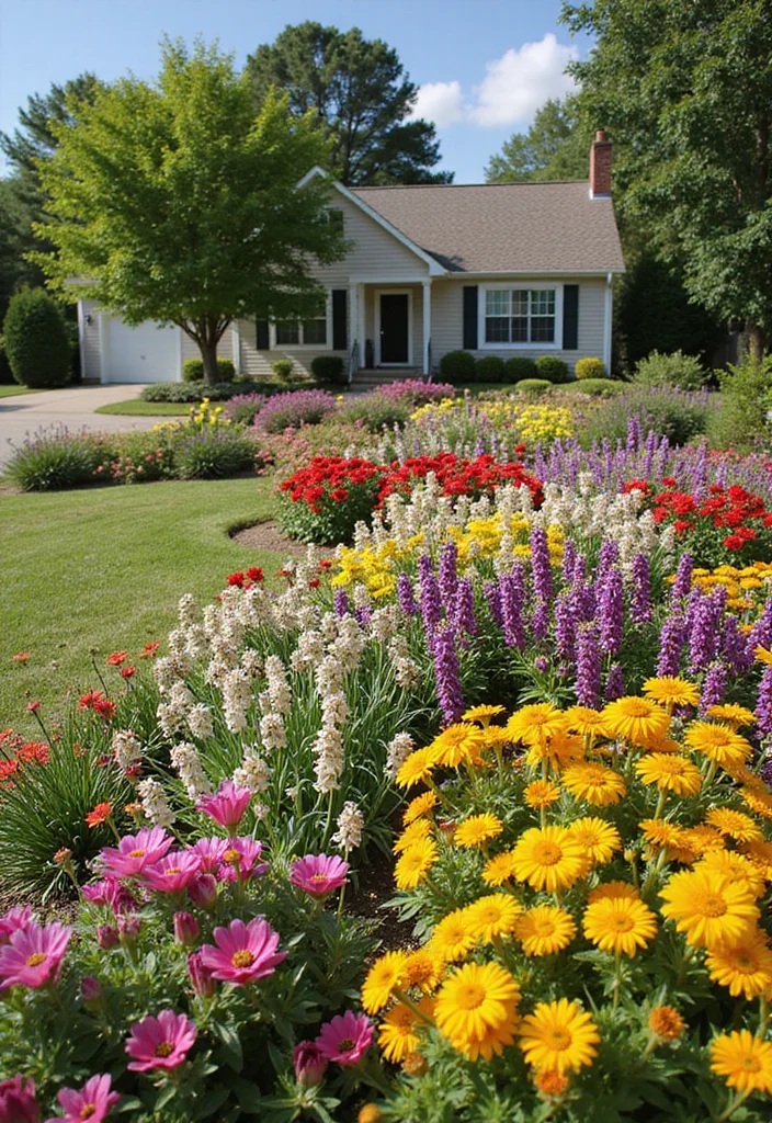 12 Landscaping Ideas for Ranch Style Homes That Refresh Curb Appeal 67 12 Landscaping Ideas for Ranch Style Homes That Refresh Curb Appeal - 7. Colorful Flower Beds