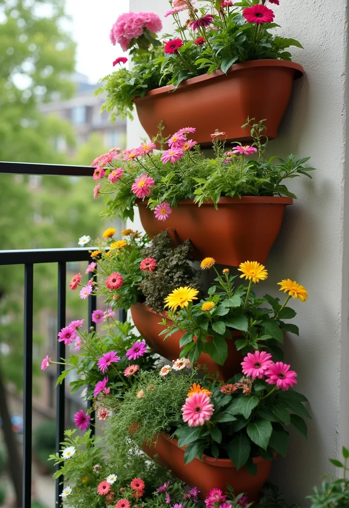 14 Flower Pot Arrangement Ideas for Balanced Seasonal Color 122 14 Flower Pot Arrangement Ideas for Balanced Seasonal Color - 12. Balcony Bliss: Vertical Flower Pots