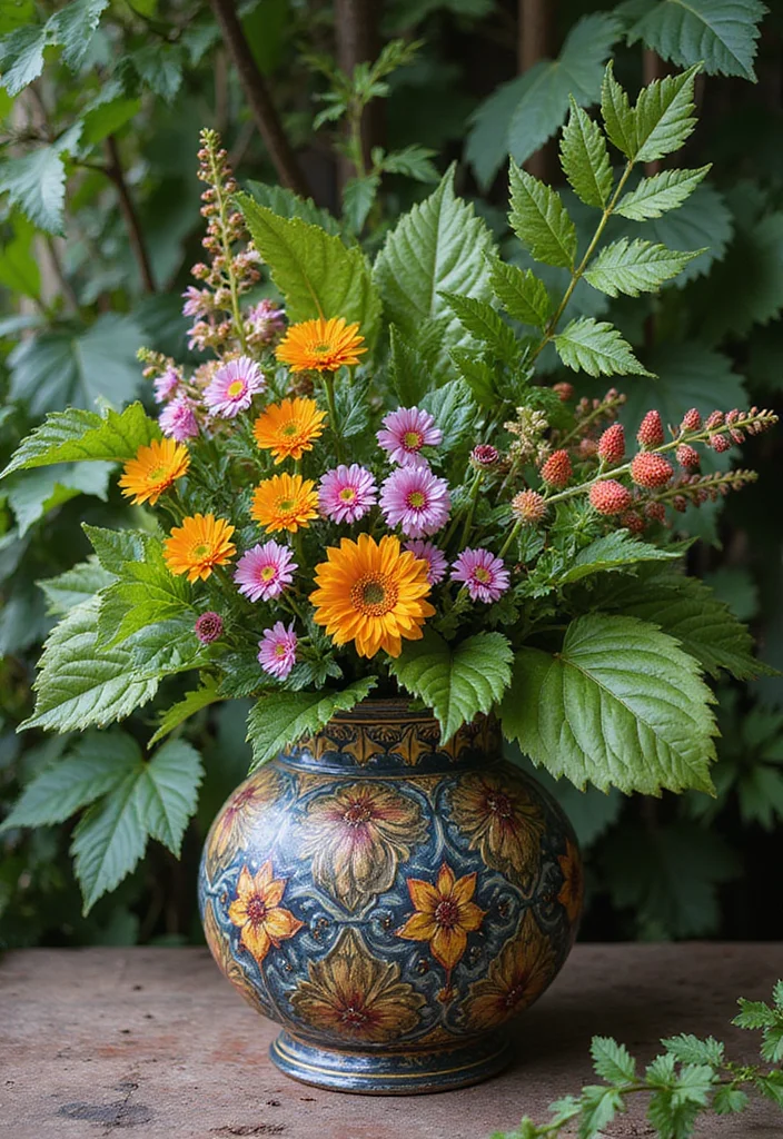 14 Flower Pot Arrangement Ideas for Balanced Seasonal Color 133 14 Flower Pot Arrangement Ideas for Balanced Seasonal Color - 13. Textured Beauty: Foliage and Flowers