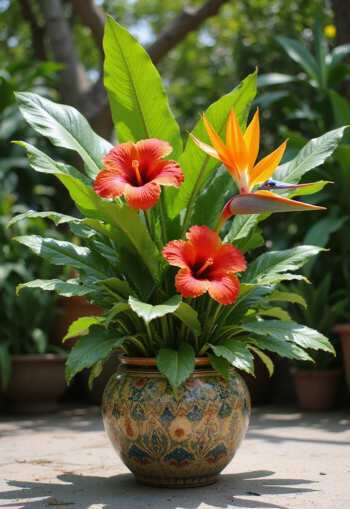 14 Flower Pot Arrangement Ideas for Balanced Seasonal Color 56 14 Flower Pot Arrangement Ideas for Balanced Seasonal Color - 6. Tropical Vibes: Exotic Flower Pots
