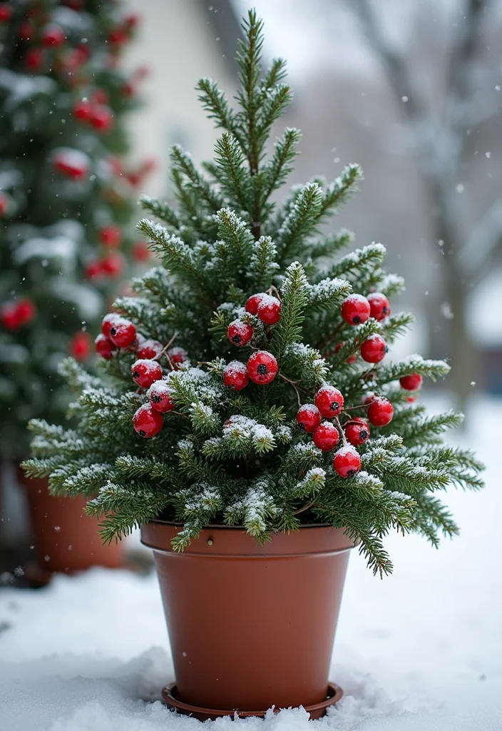 14 Flower Pot Arrangement Ideas for Balanced Seasonal Color 78 14 Flower Pot Arrangement Ideas for Balanced Seasonal Color - 8. Winter Wonderland: Evergreens and Berries