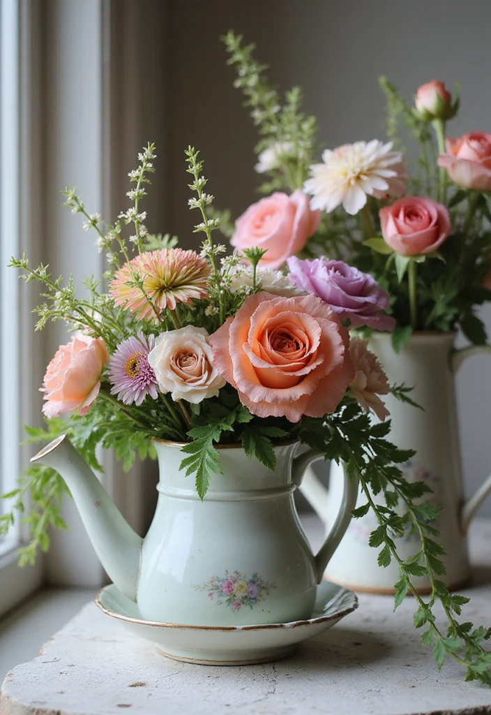 14 Flower Pot Arrangement Ideas for Balanced Seasonal Color 89 14 Flower Pot Arrangement Ideas for Balanced Seasonal Color - 9. Vintage Charm: Repurposed Containers