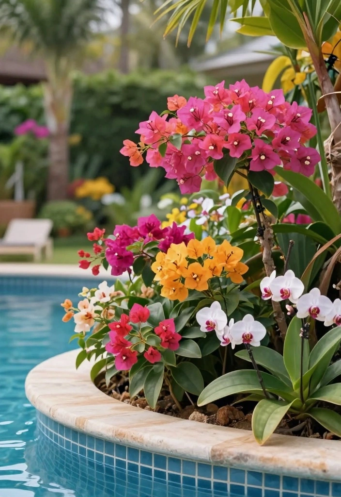 14 Pool Landscaping Ideas to Create a Relaxing Backyard Escape - 5. Tropical Flower Gardens