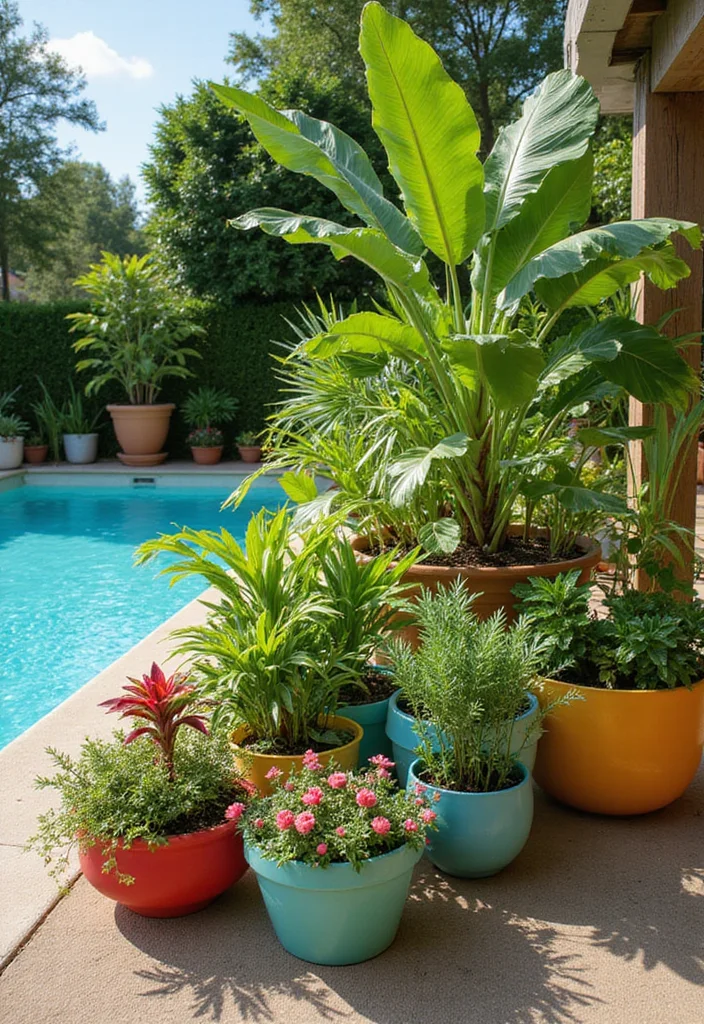 14 Pool Landscaping Ideas to Create a Relaxing Backyard Escape - 9. Tropical Container Gardens