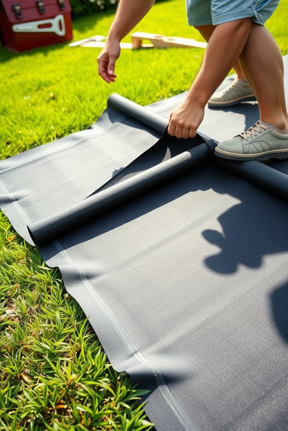 lay fabric over prepared soil securely