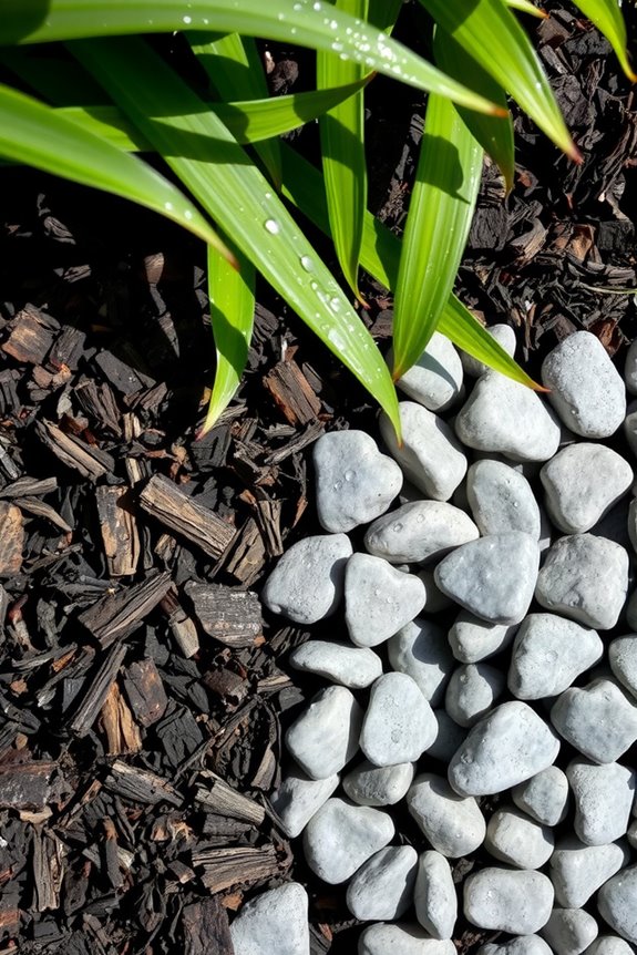 Mulch vs. Rock: 5 Things to Consider Before Choosing Your Landscaping → 5 Things to Consider Before Choosing Between Mulch and Rock for Better Landscaping 2 organic mulch retains moisture rocks dry soil